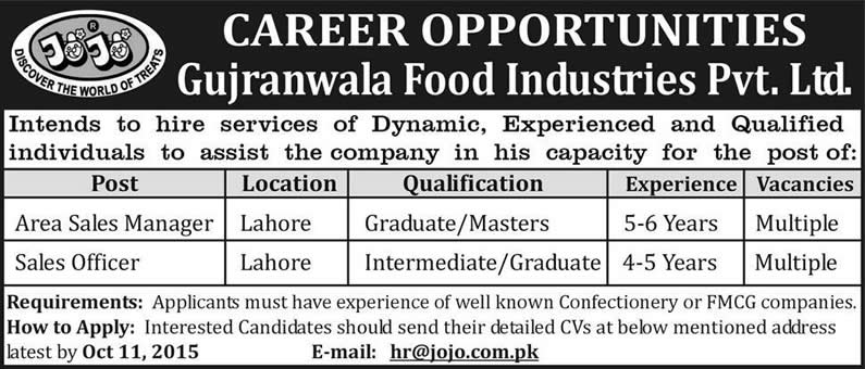 Gujranwala Food Industries Lahore Jobs 2015 October Area Sales Managers & Sales Officers Latest
