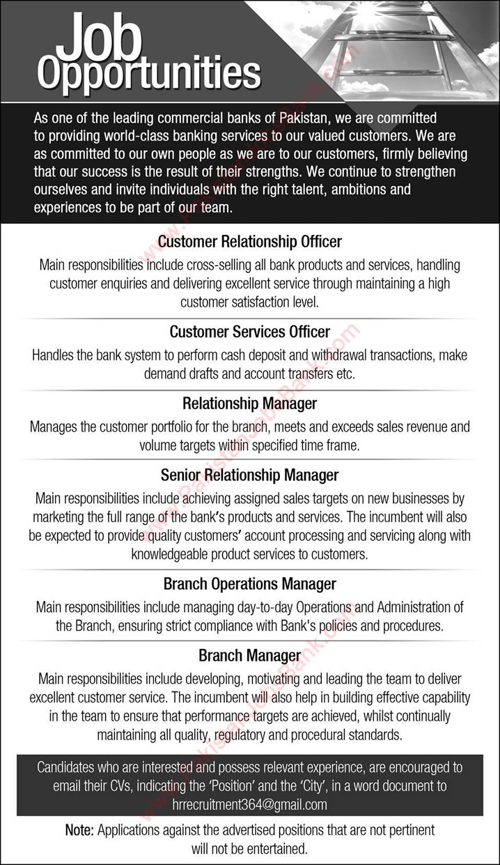 Bank Jobs in Pakistan October 2015 Customer Relationship / Services & Branch Officers / Managers Latest