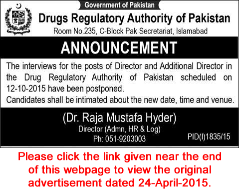 Drug Regulatory Authority of Pakistan Jobs 2015 DRAP Additional / Director Interviews Cancellation