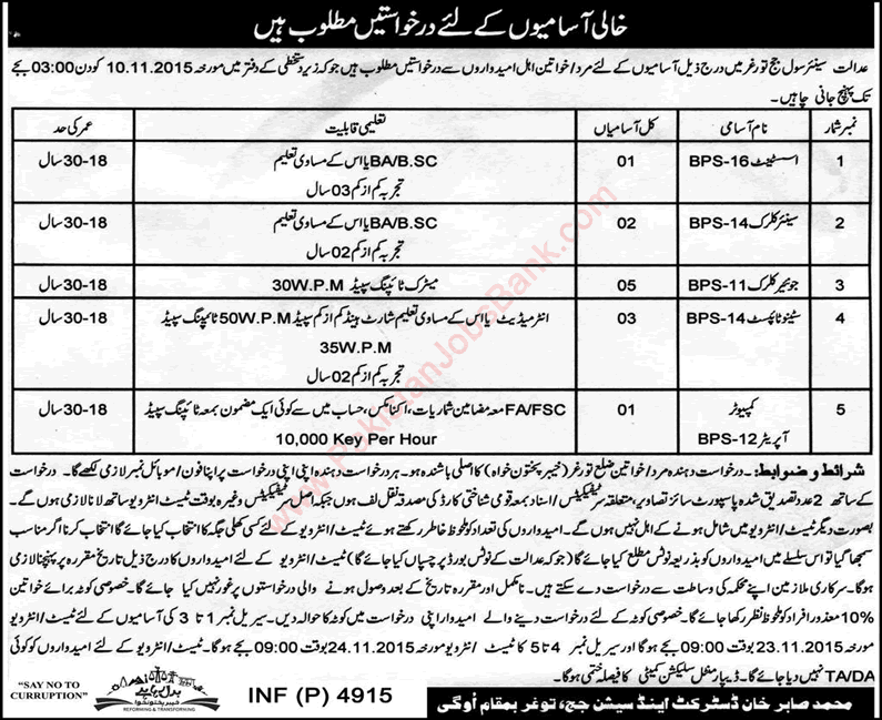 District and Session Court Torghar Jobs 2015 October KPK Assistant, Clerks, Stenotypist & Computer Operator