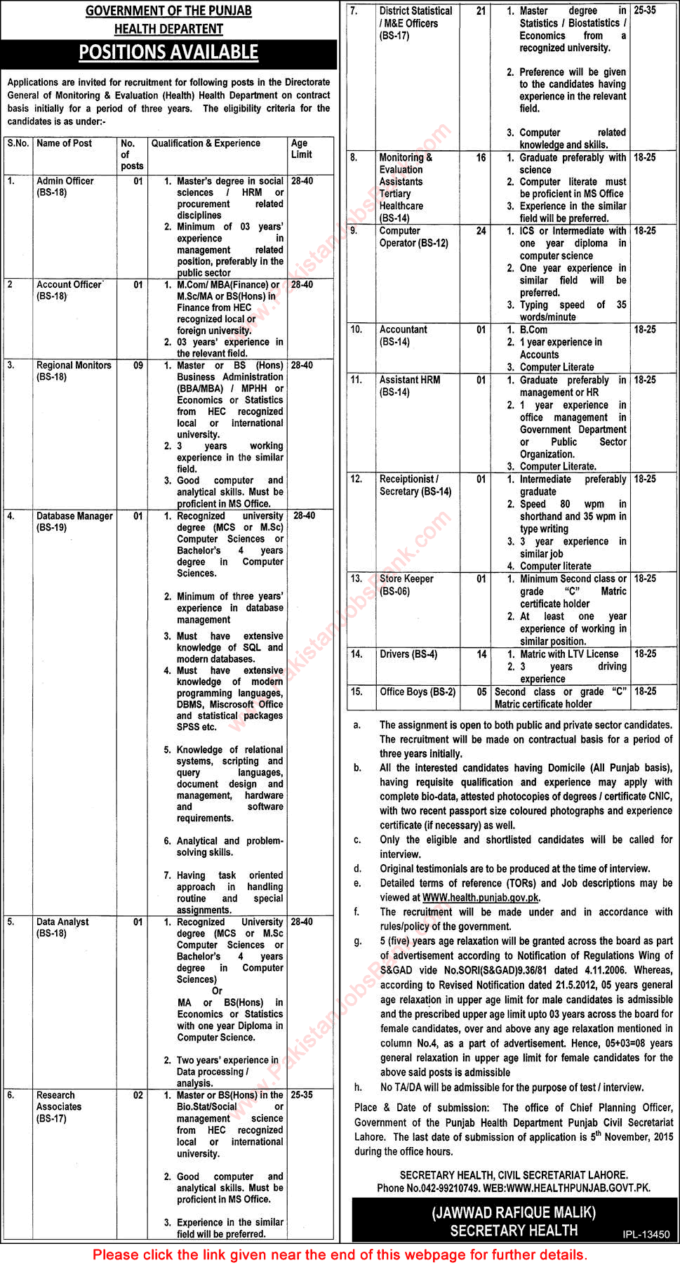 Health Department Punjab Jobs 2015 October Directorate General of Monitoring & Evaluation Health