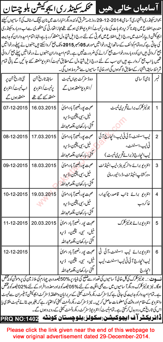 Secondary Education Department Balochistan Jobs 2015 November Test / Interview Schedule Latest
