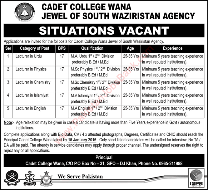 Cadet College Wana Jobs 2016 for Lecturers Jewel of South Waziristan Agency Latest