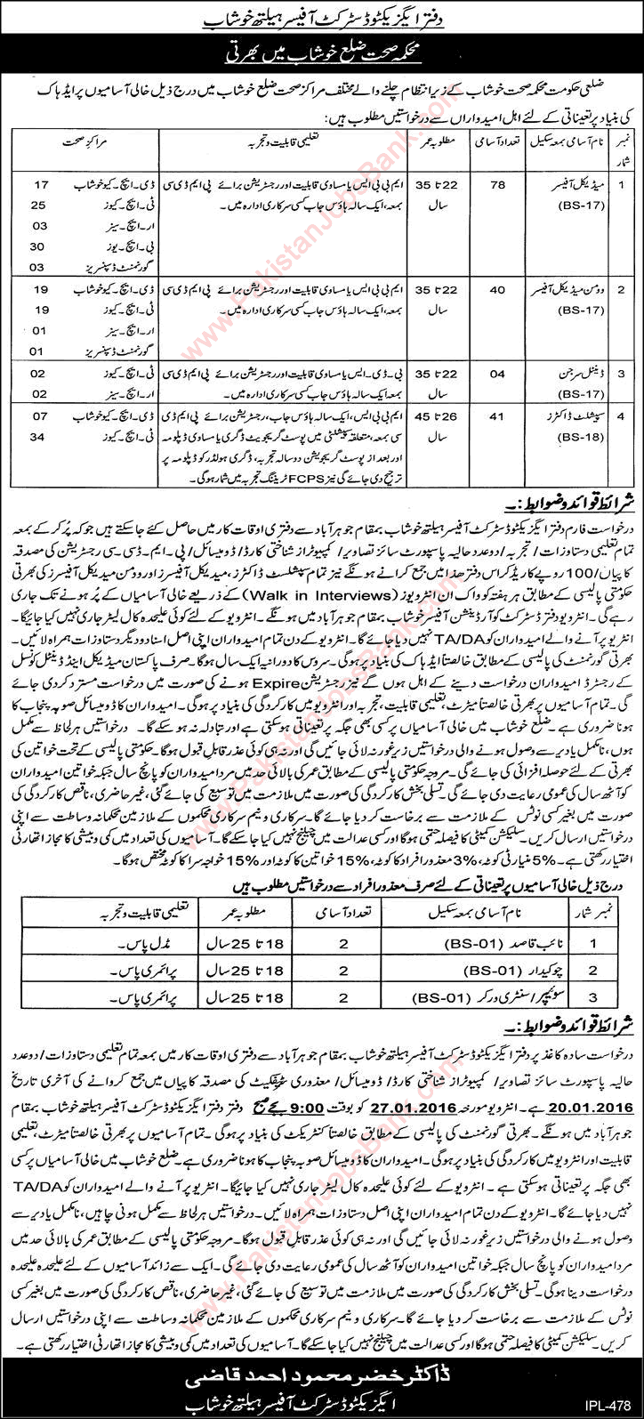 Health Department Khushab Jobs 2016 Medical Officers, Specialists Doctors, Dental Surgeons & Others Latest