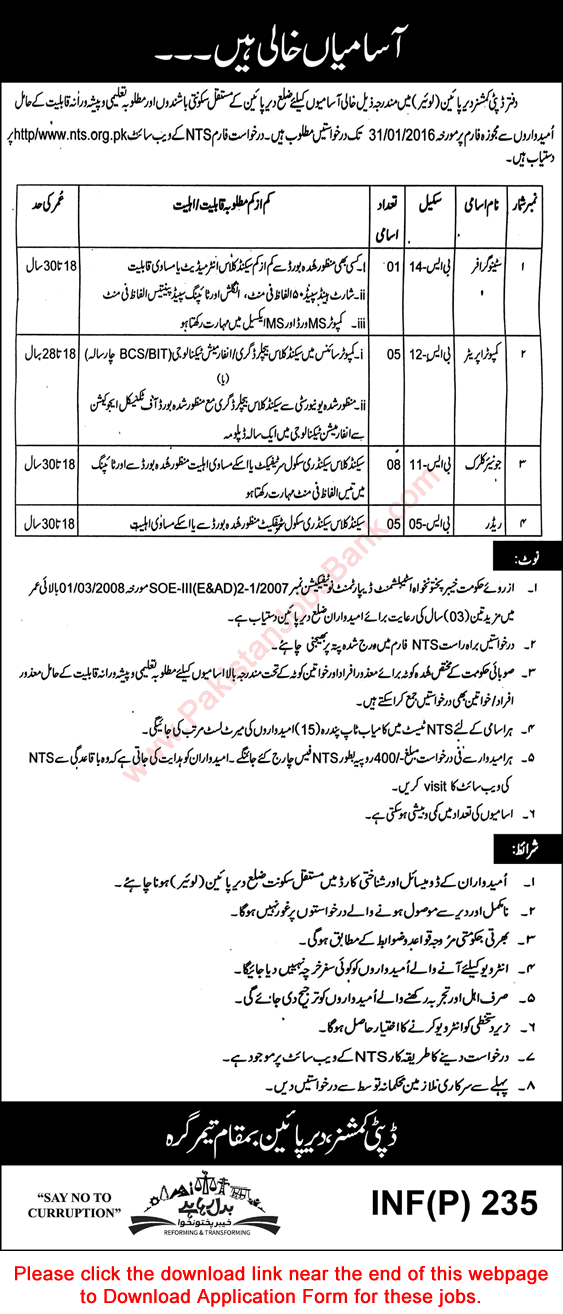 Deputy Commissioner Office Lower Dir Jobs 2016 NTS Application Form Clerks, Computer Operators & Others Latest