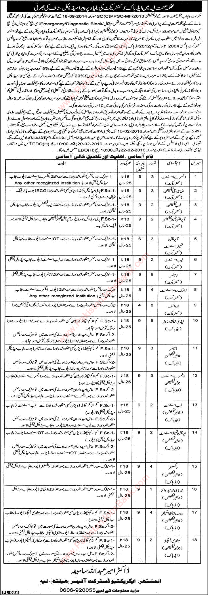 Health Department Layyah Jobs 2016 Technicians, Dispensers, Lady Health Visitors, Midwives & Others Latest