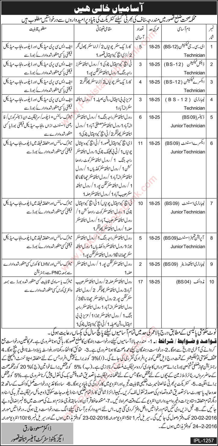 Health Department Kasur Jobs 2016 February Midwives, X-Ray / Lab Assistants & Other Technicians Latest