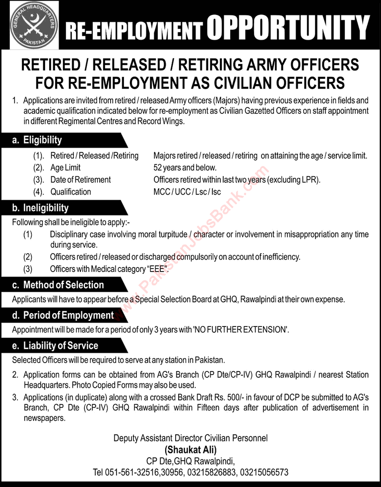 Jobs for Retired Army Officers in Pakistan Army 2016 GHQ Reemployment of Majors as Civilian Officers