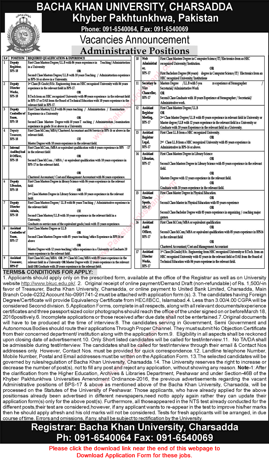 Bacha Khan University Charsadda Jobs 2016 February / March Application Form Download Latest