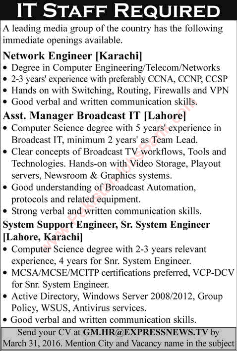 Express News TV Channel Jobs 2016 March in Karachi & Lahore IT & Engineering Staff Latest