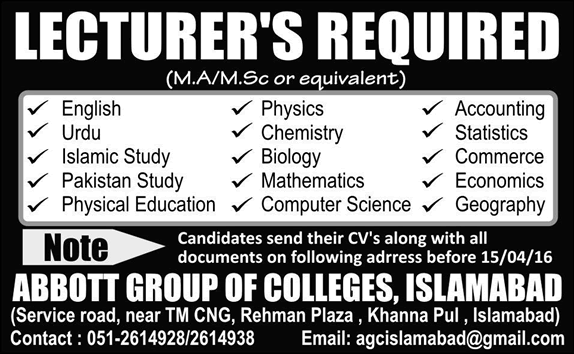 Abbott Group of Colleges Islamabad Jobs April 2016 for Lecturers Latest