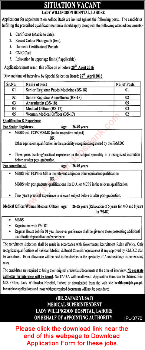 Lady Willingdon Hospital Lahore Jobs April 2016 Medical Officers & Specialist Doctors Latest