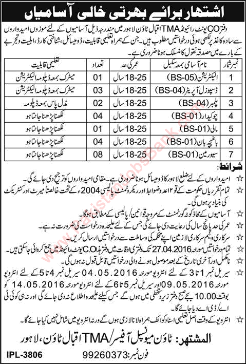TMA Iqbal Town Lahore Jobs 2016 April Disposal Operators, Sewermen, Chowkidar, Plumbers & Others Latest