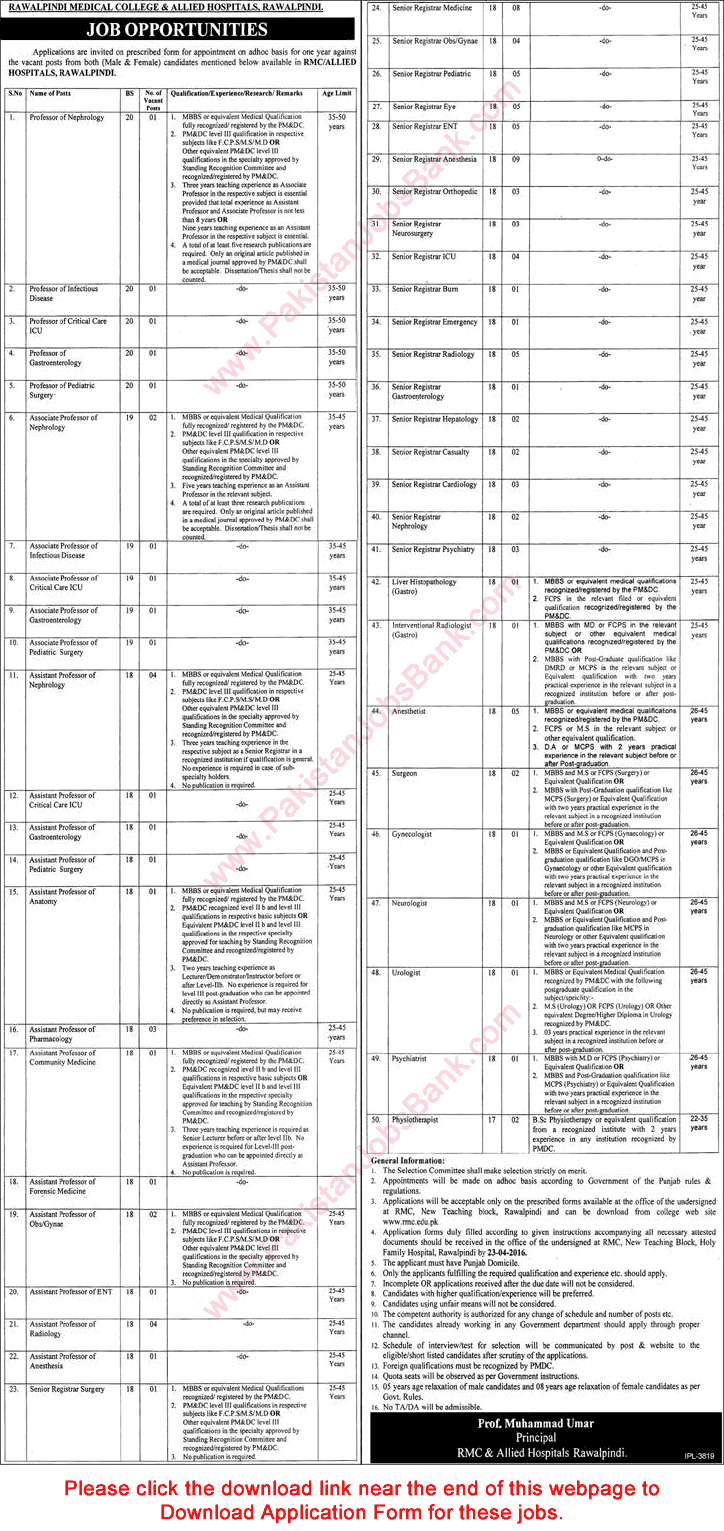 Rawalpindi Medical College and Allied Hospitals Jobs April 2016 Application Form Download Latest