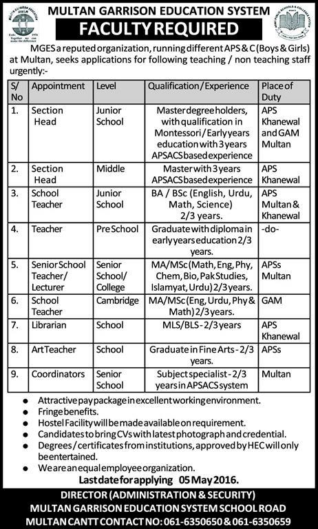 Multan Garrison Education System Jobs 2016 April MGES Teachers, Section Heads & Librarians Latest