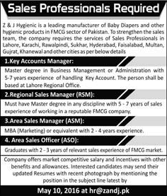 Z&J Hygienic Products Pakistan Jobs 2016 April Sales Managers / Officers & Accounts Manager Latest