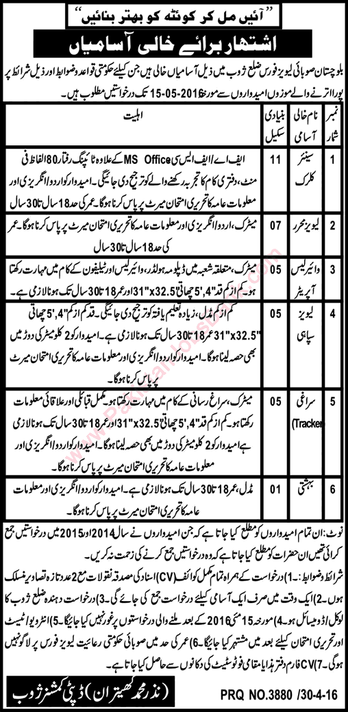 Balochistan Levies Force Jobs 2016 May in Zhob for Sipahi, Wireless Operators, Clerks & Others Latest