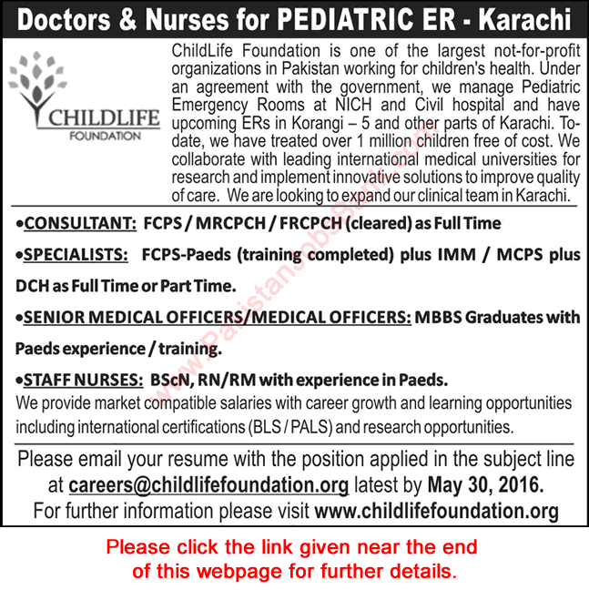 Child Life Foundation Karachi Jobs May 2016 Medical Officers, Specialists Doctors, Consultants & Staff Nurses Latest