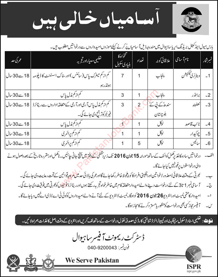 Horse Mule and Cattle Breeding Area Sahiwal Jobs 2016 June Syce, Farriers & Others Latest