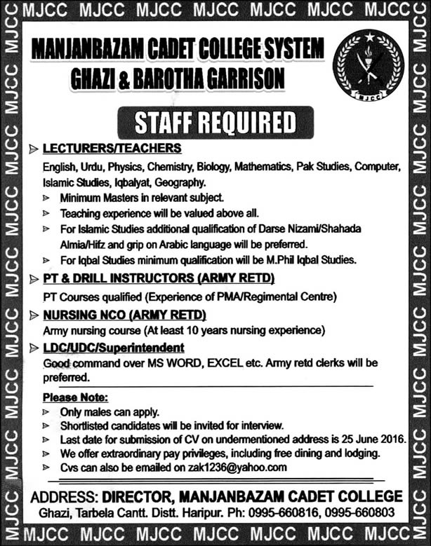 Man Janbazam Cadet College Ghazi Barotha Jobs June 2016 MJCC Lecturers, PT / Drill Instructors & Others Latest