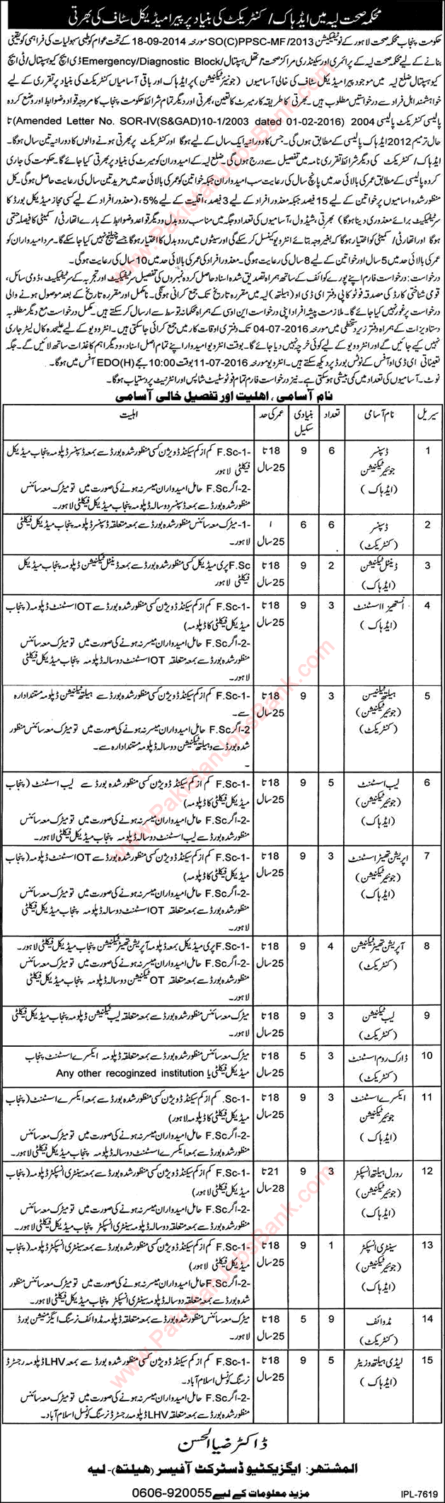 Health Department Layyah Jobs June June 2016 Medical Technicians, Midwives & Lady Health Visitors Latest