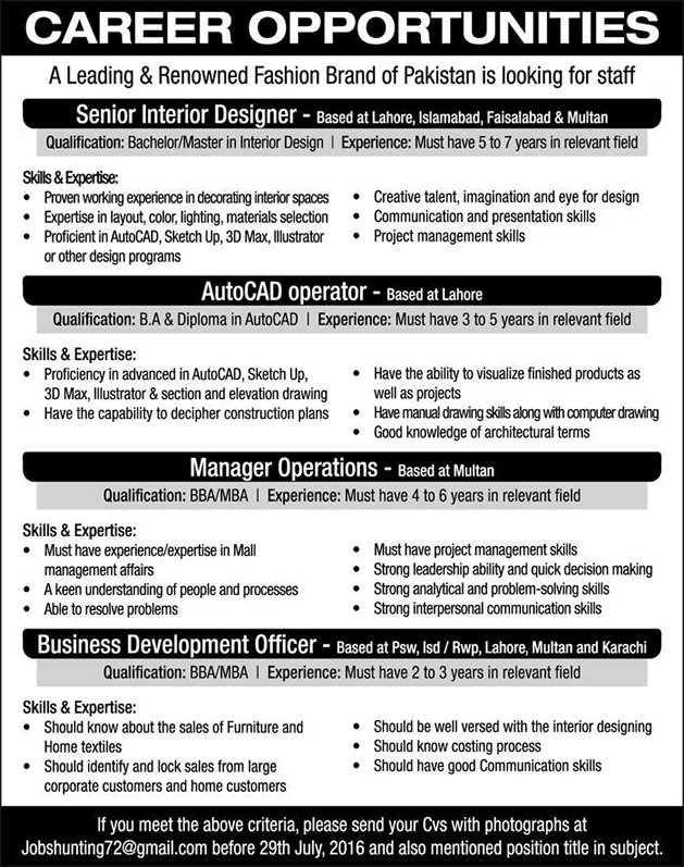 Fashion Industry Jobs in Pakistan 2016 July Business Development Officers, Interior Designers & Others Latest