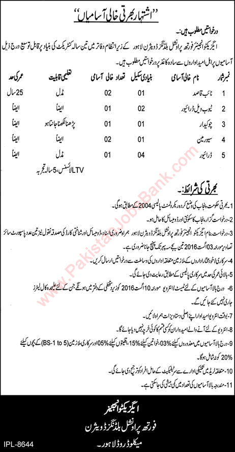Fourth Provincial Buildings Division Lahore Jobs 2016 July Naib Qasid, Sewerman & Others Latest