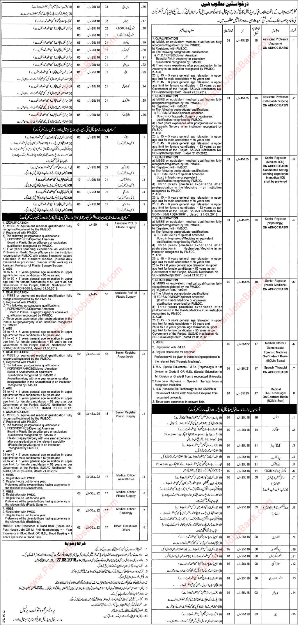 Allama Iqbal Medical College Jinnah Hospital Lahore Jobs July 2016 Teaching Faculty, Medical Officers & Others Latest