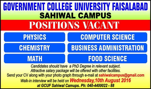 GC University Faisalabad Sahiwal Campus Jobs August 2016 Teaching Faculty Latest