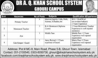 Dr AQ Khan School System Ghouri Campus Islamabad Jobs 2016 August Teachers, Aya & Gate Keeper Latest