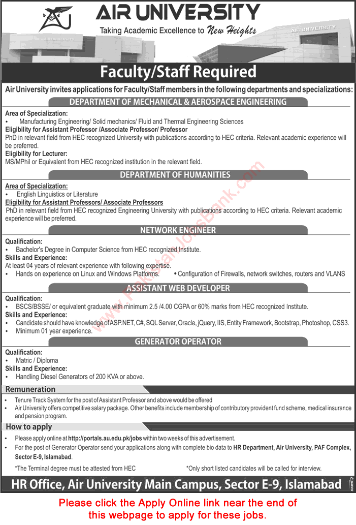 Air University Islamabad Jobs August 2016 September Apply Online Teaching Faculty & Others Latest