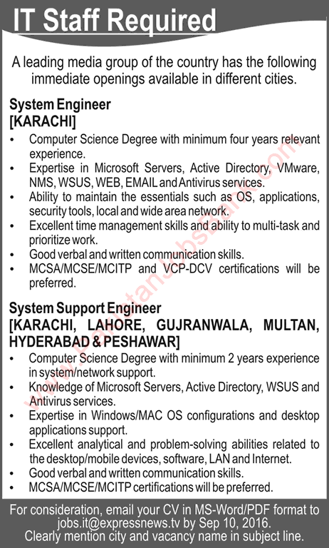 System Support Engineer Jobs in Express News TV Pakistan September 2016 Latest
