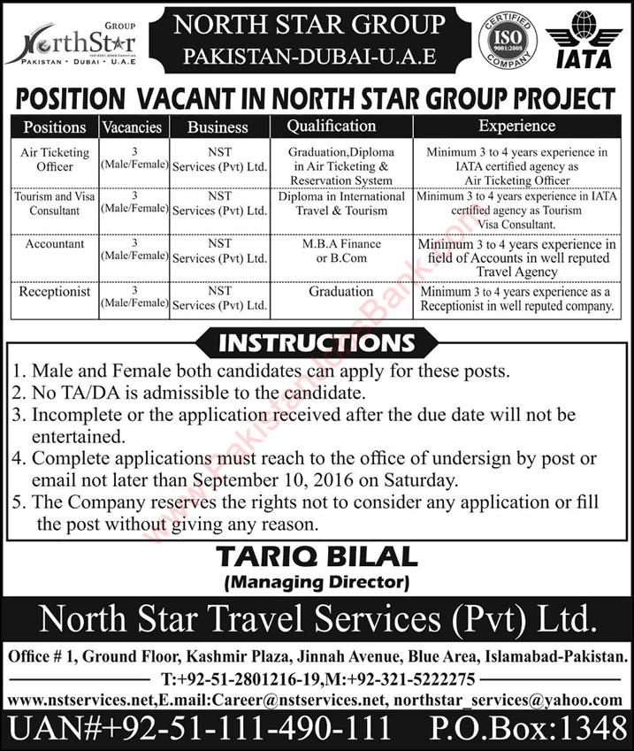 North Star Group Pakistan Jobs 2016 September Ticketing Officers, Receptionists & Others Latest