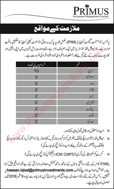 Primus Investment Management Limited Pakistan Jobs 2016 September for Sales Staff Latest