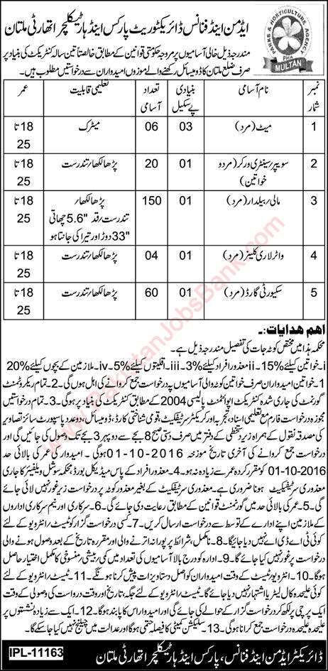 Parks and Horticulture Authority Multan Jobs September 2016 PHA Mali / Baildar, Security Guards & Others Latest