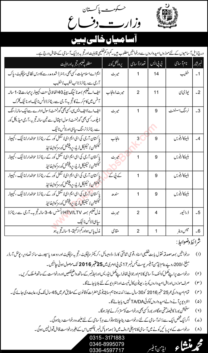 Ministry of Defence Jobs September 2016 Rawalpindi Blue Color Force, Clerks, Driver & Others Latest