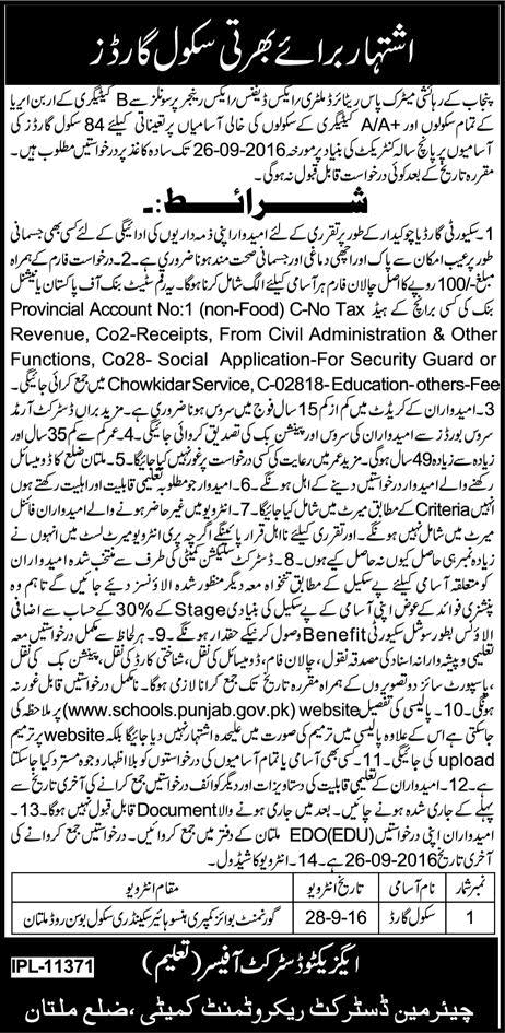 School Guard Jobs in Education Department Multan September 2016 at Government Schools Latest