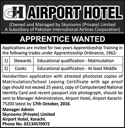 Airport Hotel Karachi Apprenticeship 2016 September / October Stewards & Cook Jobs Latest