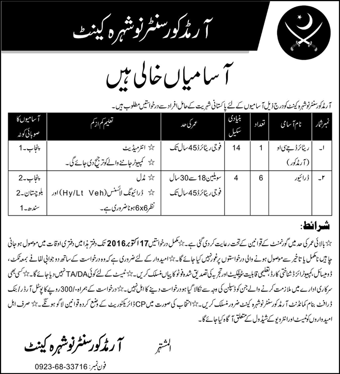 Armoured Corps Centre Nowshera Jobs October 2016 Drivers & Retired JCO Latest