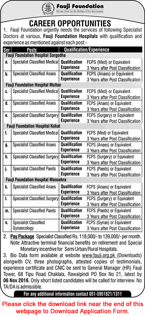 Specialist Doctor Jobs in Fauji Foundation Hospitals 2016 October Application Form Download Latest