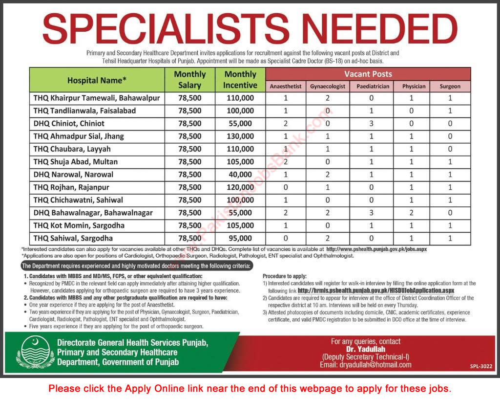 Specialist Doctor Jobs in Primary & Secondary Healthcare Department Punjab November 2016 Apply Online Latest
