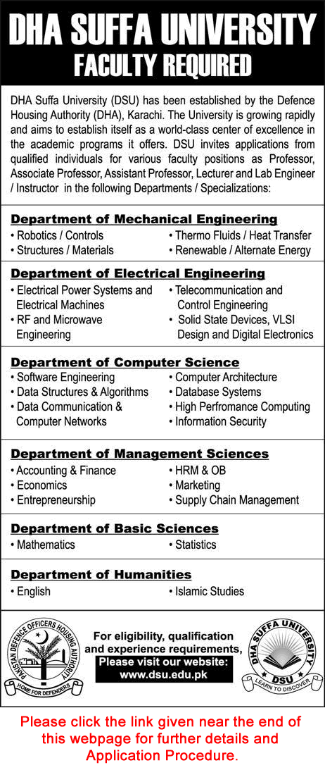 DHA Suffa University Karachi Jobs 2016 November Application Form Teaching Faculty & Lab Engineers Latest