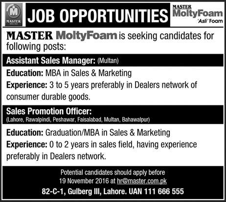 Master Molty Foam Pakistan Jobs 2016 November Sales Promotions Officers & Sales Manager Latest