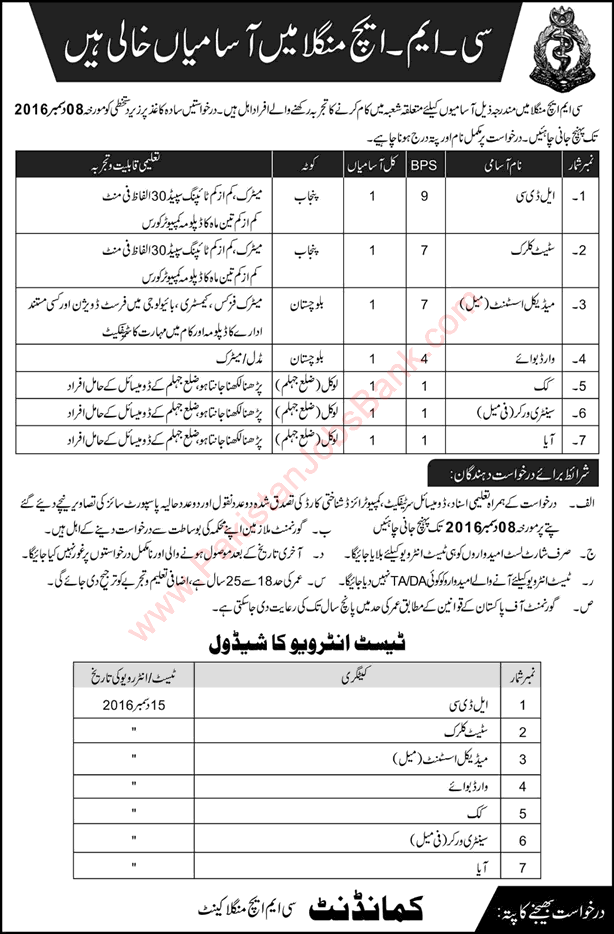 CMH Mangla Jobs 2016 November Clerks, Medical Assistant & Others Combined Military Hospital Latest