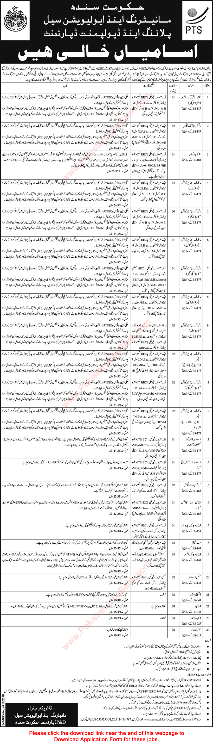 Planning and Development Department Sindh Jobs December 2016 PTS Application Form Download Latest