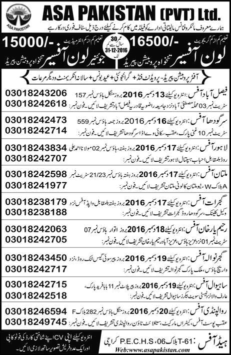 Loan Officer Jobs in ASA Pakistan Pvt Ltd December 2016 Latest