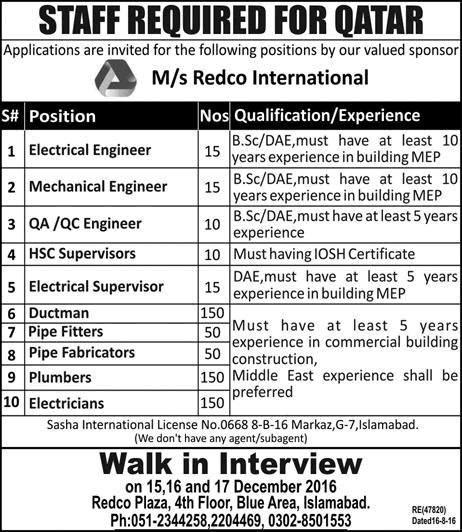 Redco International Qatar Jobs December2016 Ductman, Electricians, Plumbers & Others Walk in Interview Latest