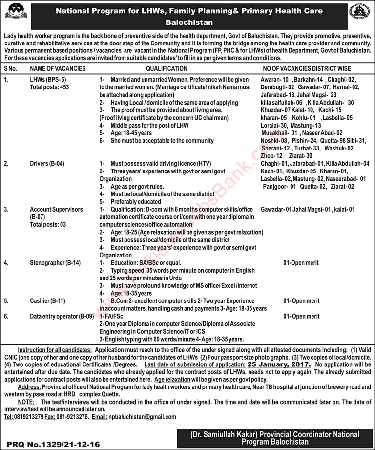 Health Department Balochistan Jobs December 2016 National Program Lady Health Workers & Others Latest