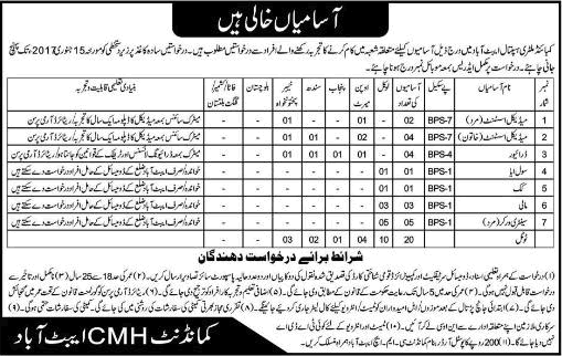 CMH Abbottabad Jobs December 2016 / 2017 Combined Military Hospital Medical Assistants & Others Latest