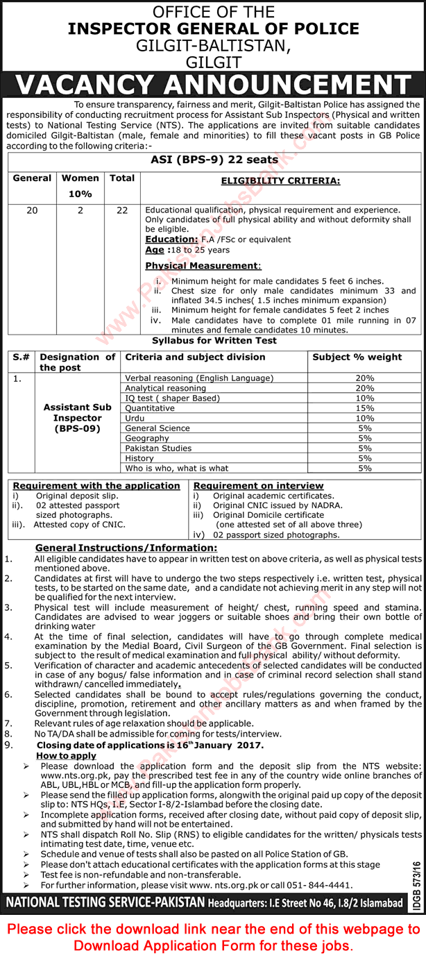 Assistant Sub Inspector Jobs in Gilgit Baltistan Police 2016 December 2017 ASI NTS Application Form Latest